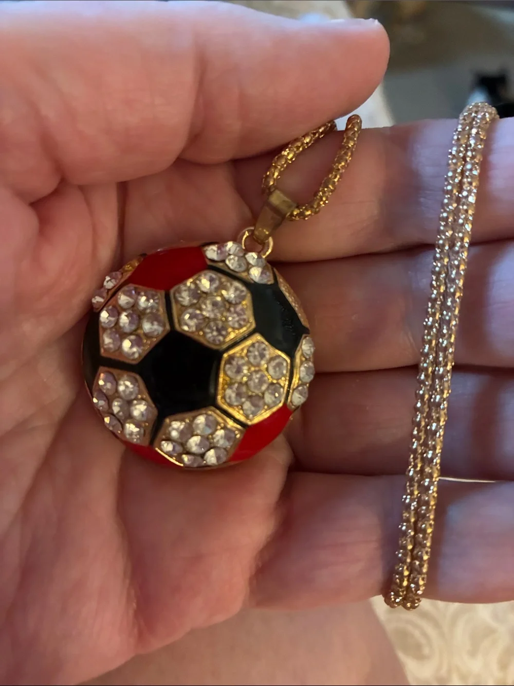Gold-Tone Red & Black Crystal Soccer Pendant Necklace